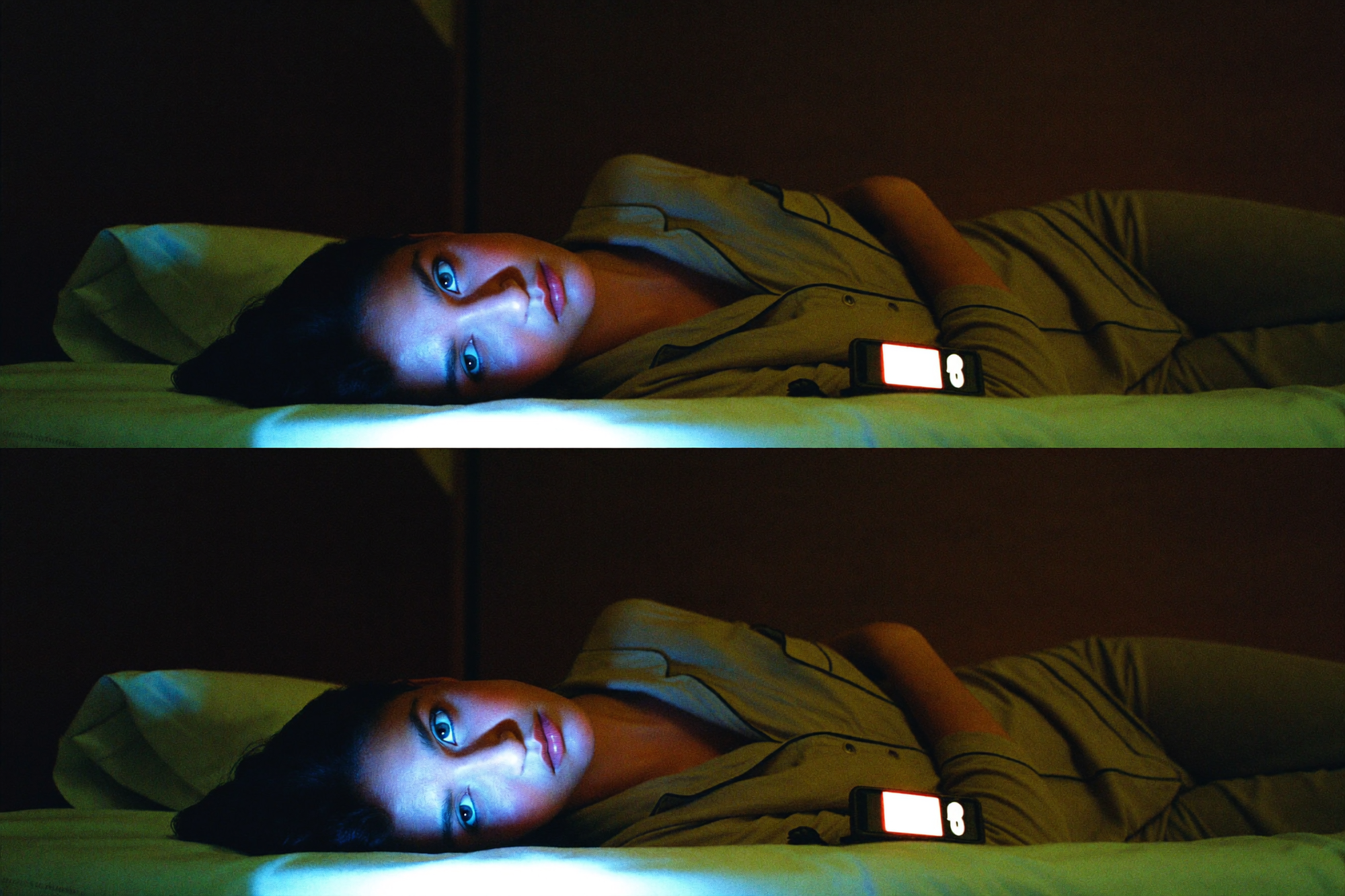 A woman in bed with her face lit cold blue in an otherwise warm dark room